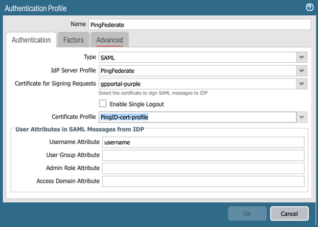 A screen capture of the Authentication Profile window in Palo Alto NGFW.