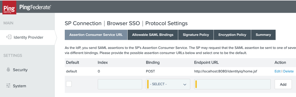 Screenshot of Identity Provider SP Connection Protocol Settings tab with entries as described in text.
