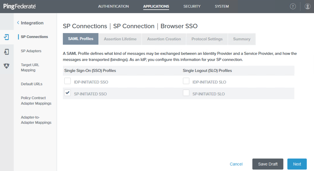 A screen capture of the SAML Profiles tab in the administrative console.