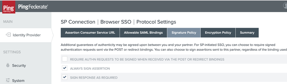 Screenshot of Identity Provider SP Connection Signature Policy tab with entries as described in text.