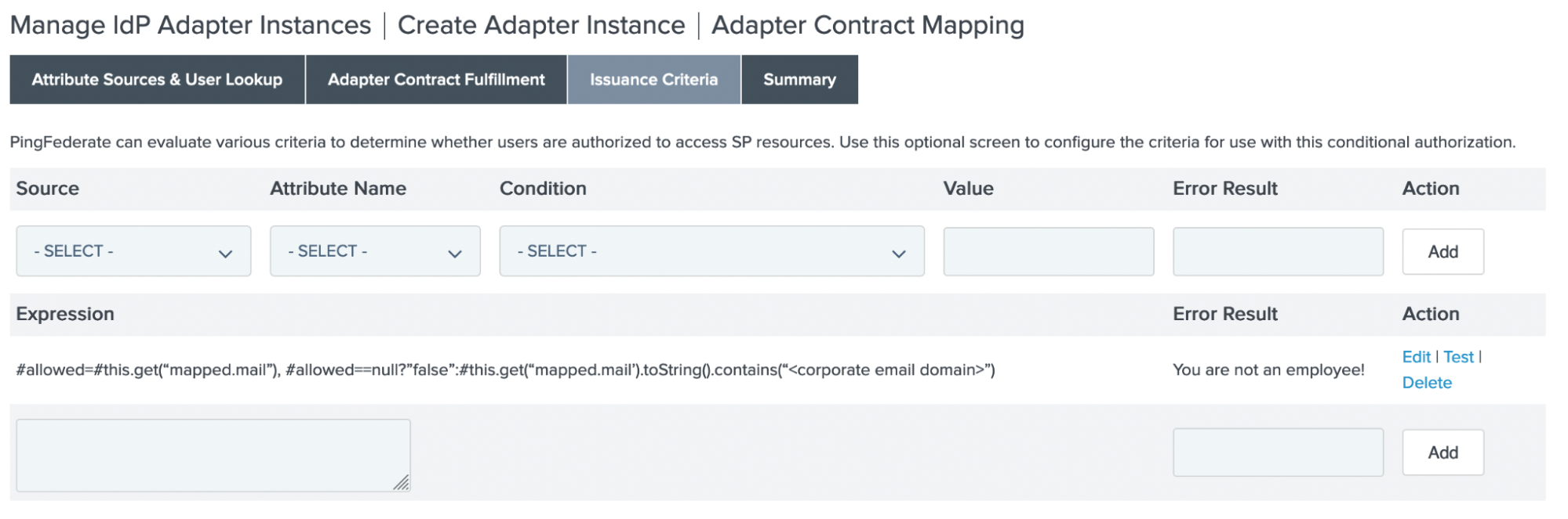 Screen capture of the Adapter contract mapping page with the constructed OGNL expression and desired error result displayed on the Issuance criteria tab