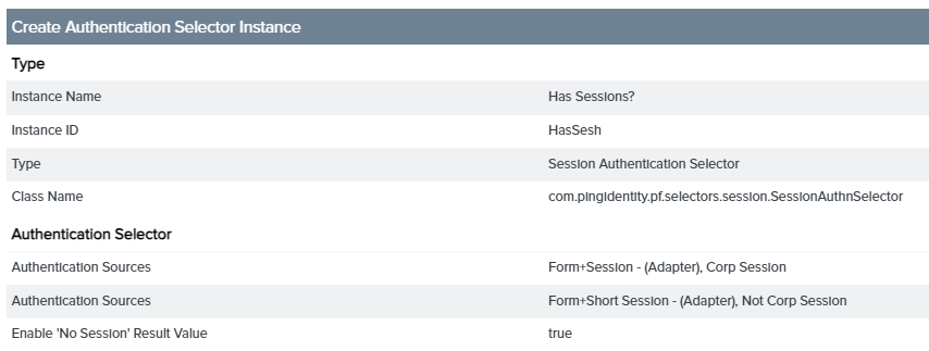 Screen capture of an example summary of a Session authentication selector instance