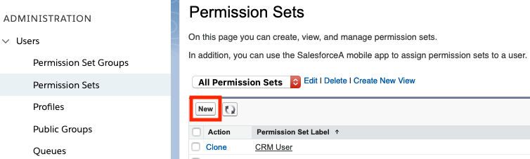 A screen capture of the Permission Sets window in Salesforce, highlighting the New button with a red rectangle.