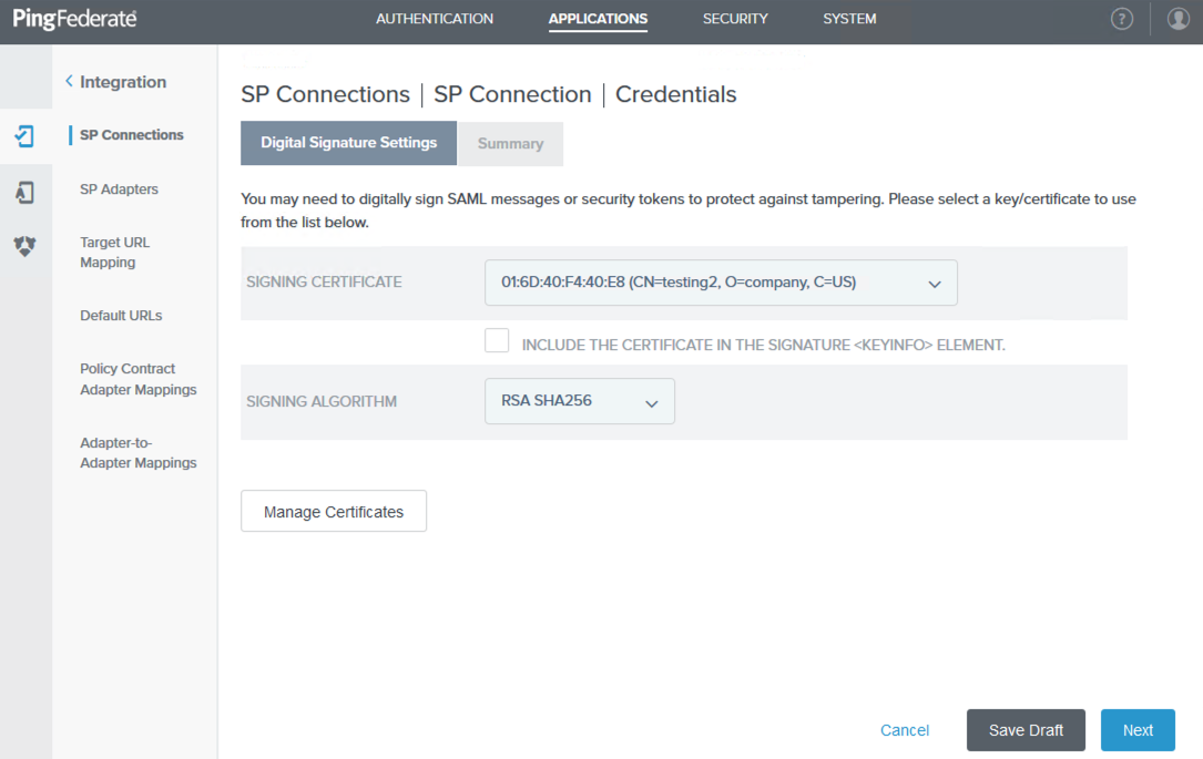 A screen capture of the Digital Signature Settings tab in the administrative console.