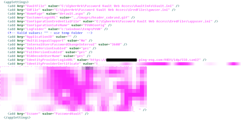 A screen capture of the PVWA web.config file edited for CyberArk saml configuration.