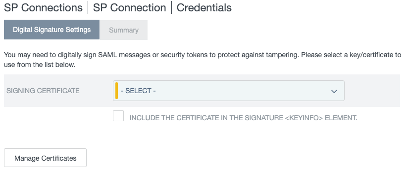 Screen capture showing the Digital Signature Settings tab on the Credentials window