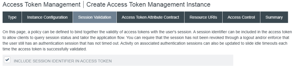 Screen capture showing the Include Session Identifier in Access Token option on the Session Validation tab.