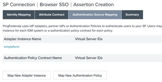 Screenshot of Authentication Source Mapping tab with entries as described in text.