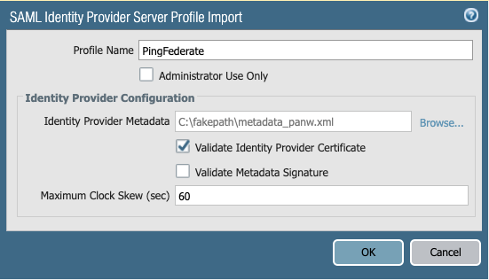 A screen capture of the SAML Identity Provider Server Profile Import window in Palo Alto NGFW.