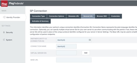 Screenshot of Identity Provider SP Connection window with entries as described in text.