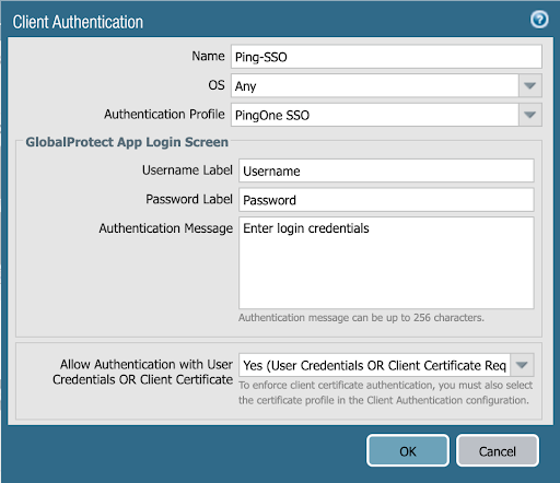 A screen capture of the Client Authentication window in the NGFW admin portal.