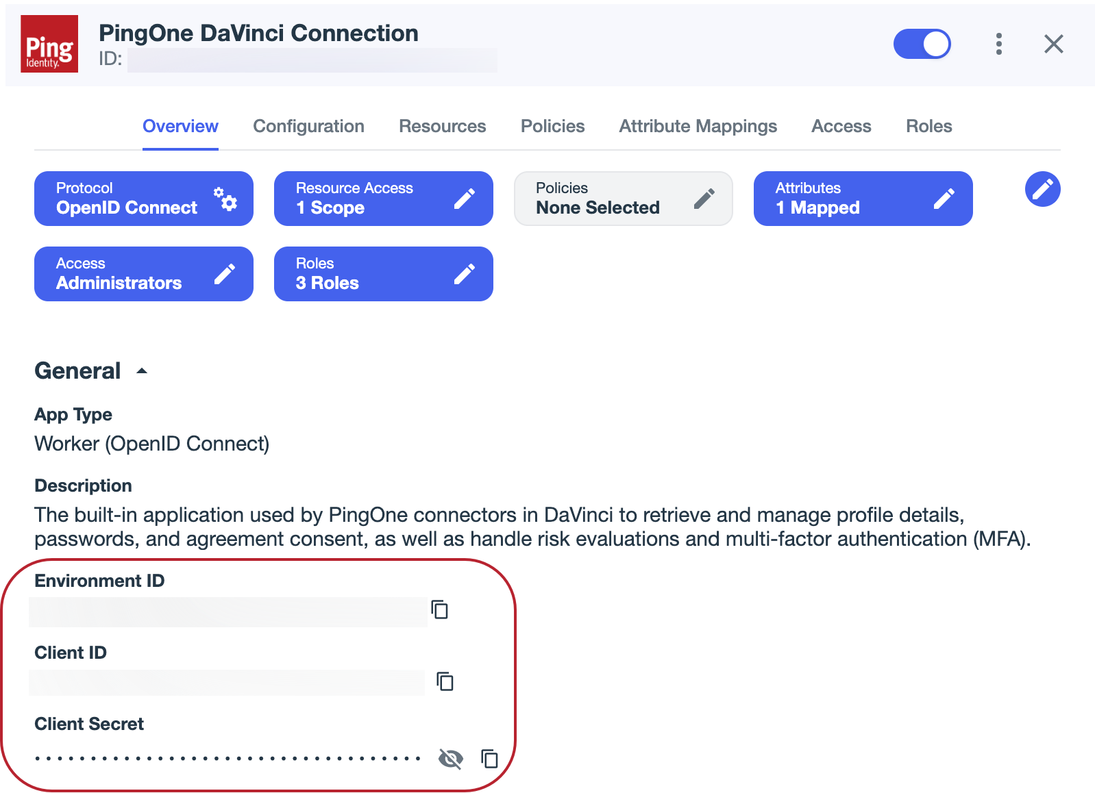 A screenshot of the PingOne DaVinci Connection application details panel highlighting the Environment ID, Client ID, and Client Secret.