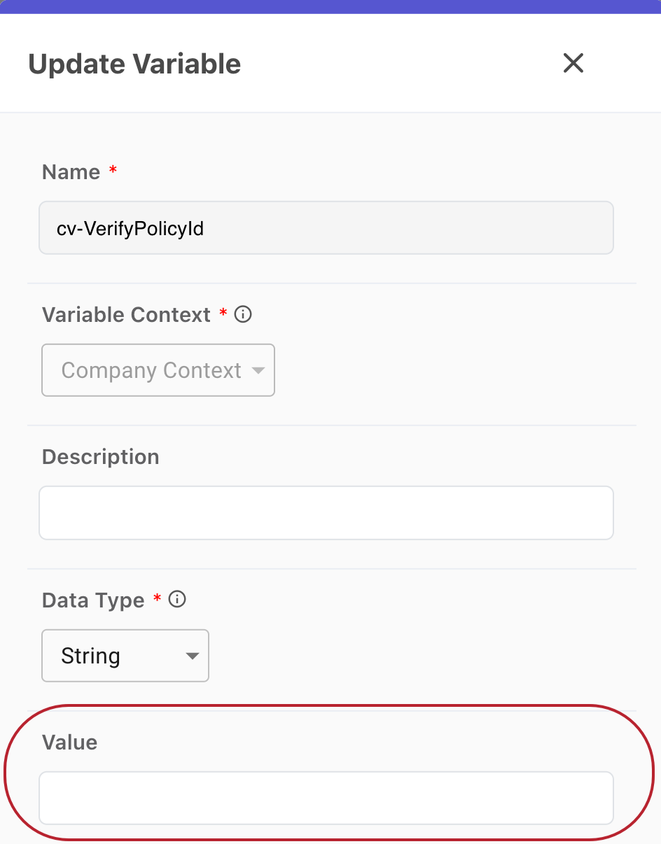 A screenshot of the Update Variable modal for the cv-VerifyPolicyId variable with the Value field highlighted.