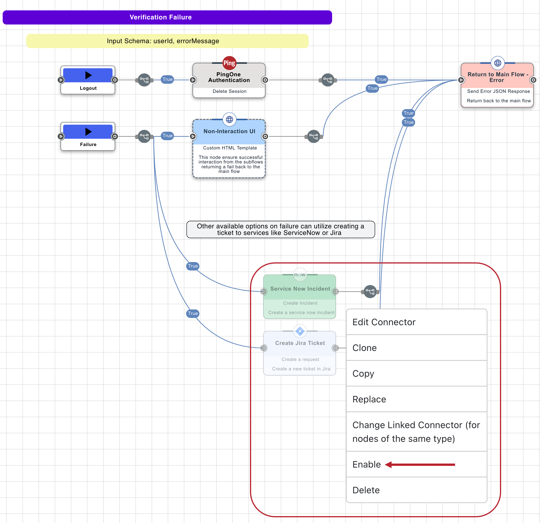 A screenshot of the DaVinci canvas with the context-sensitive menu displayed for the Create Jira Ticket connector. The Enable option is highlighted.