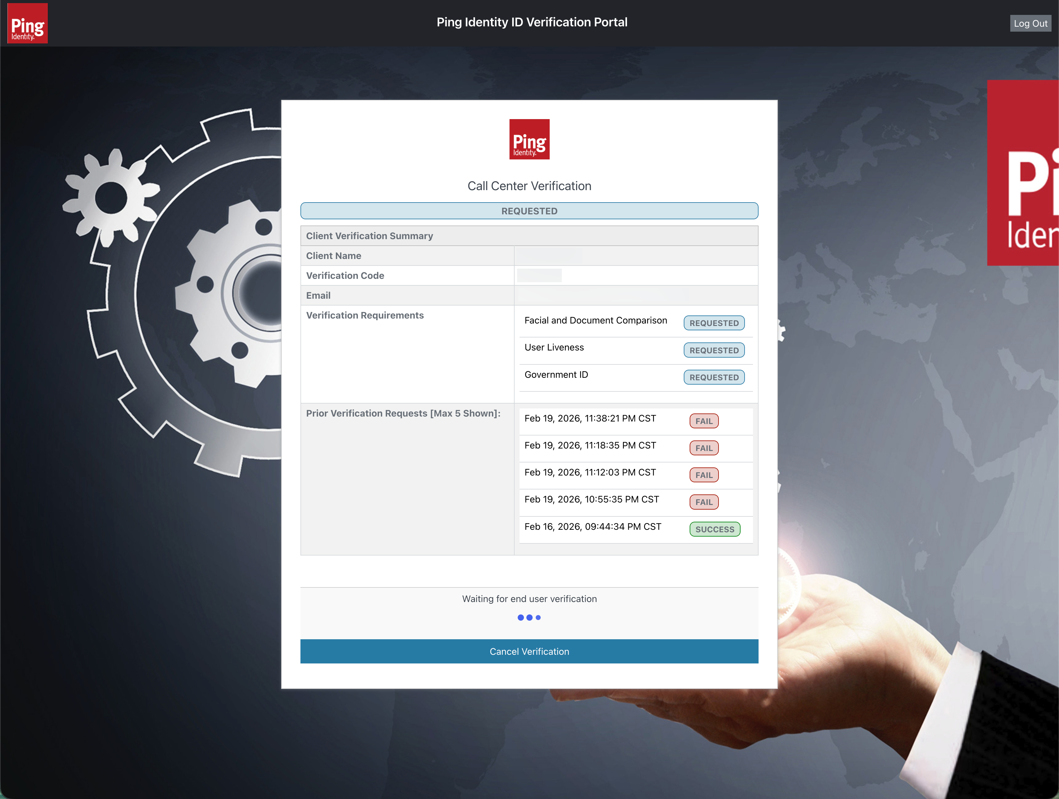 A screenshot of the Call Center Verification page with a status chip showing Requested.