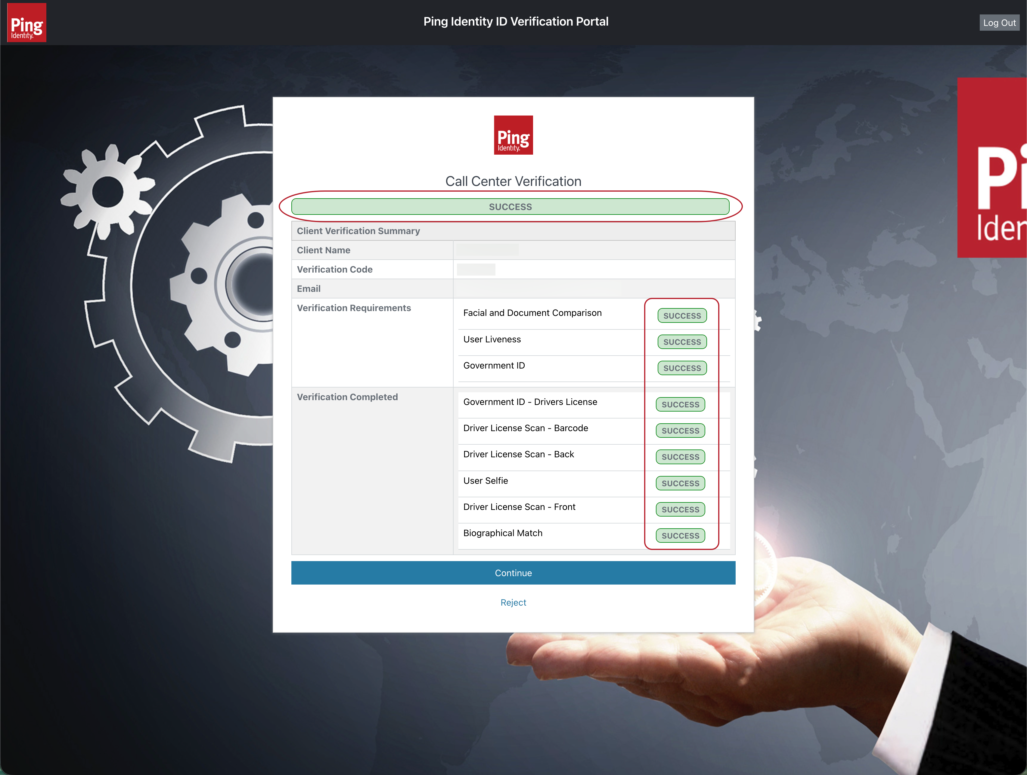 A screenshot of the Call Center Verification page with a Success status chip for the overall status, as well as Success chips for User Liveness and Facial and Document Comparison in the Verification Requirements section.