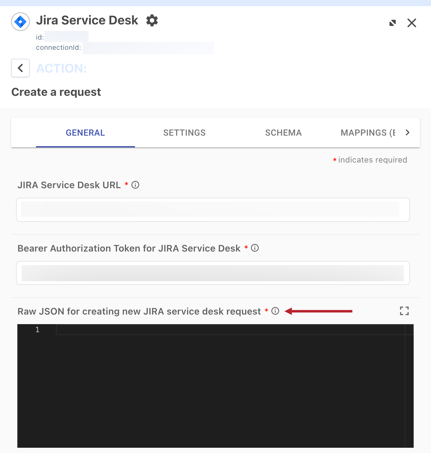 A screenshot of the configuration panel for the Jira Service Desk connector with the Raw JSON for creating new JIRA service desk request field highlighted.