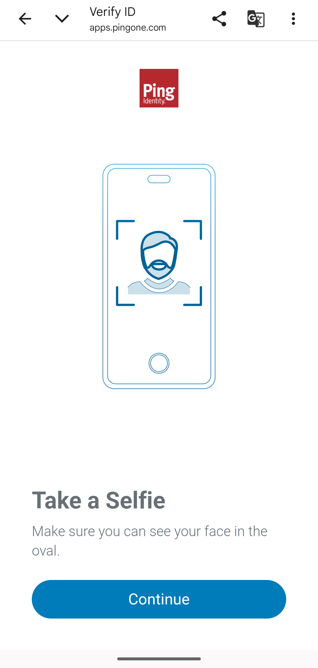 A screenshot of the Take a Selfie page on a mobile device with a Continue button.