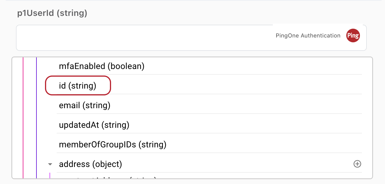 A screenshot of the available objects and variables that can be used to populate the p1UserId field. The id variable is highlighted.