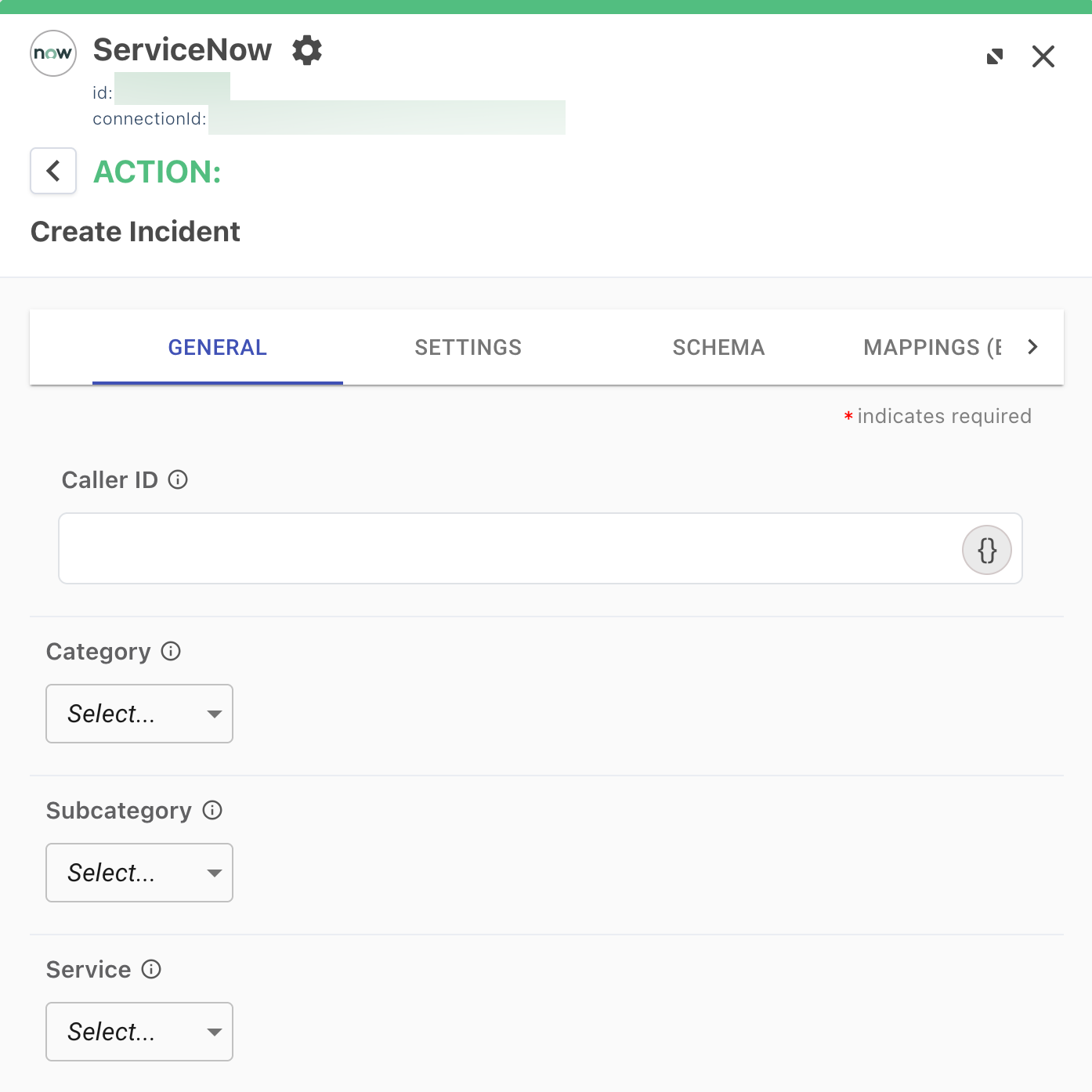 A screenshot of the configuration panel for the ServiceNow connector.