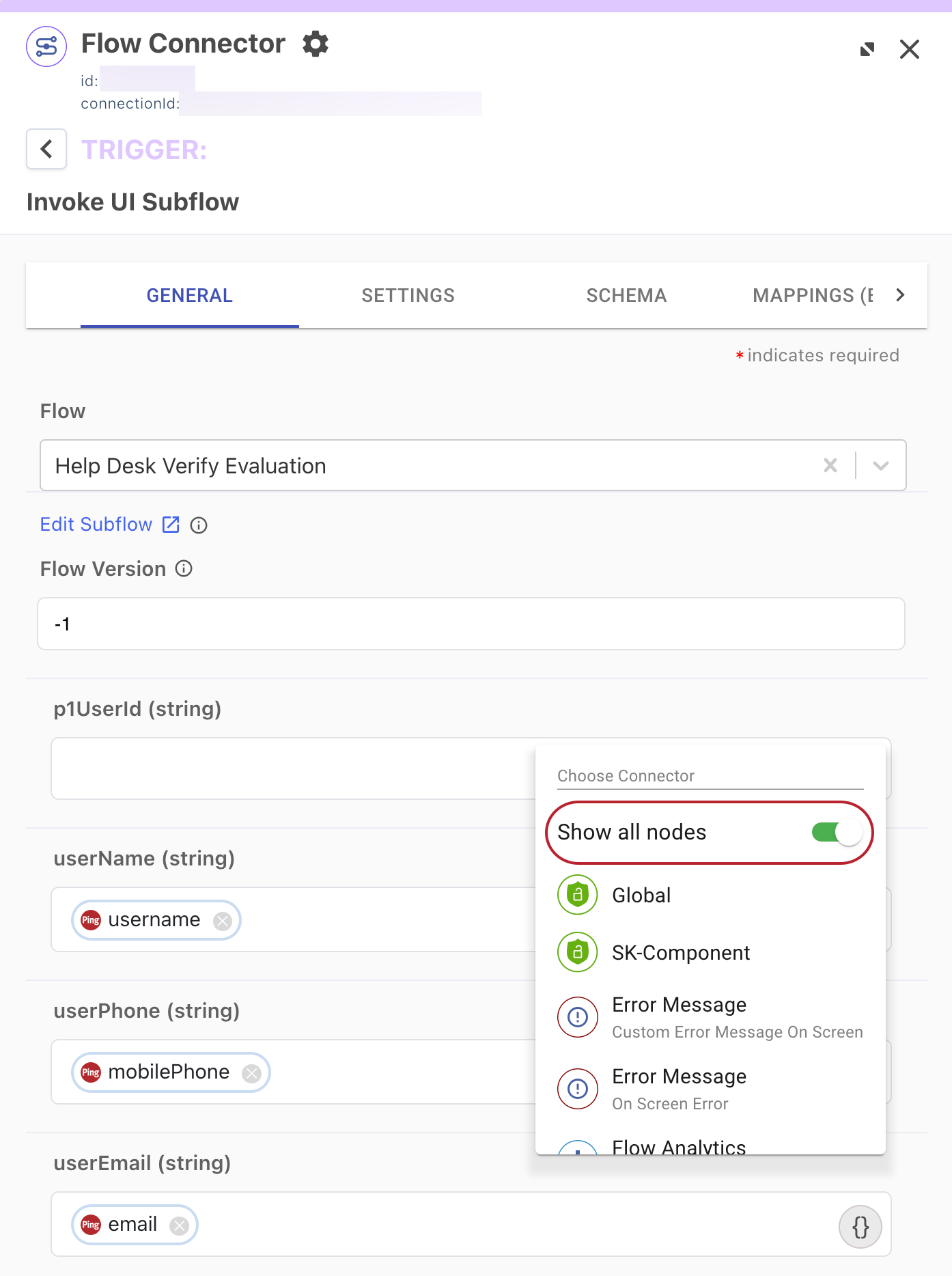 A screenshot of the configuration panel for the Start Verify for Help Desk connector. The Show all nodes toggle is highlighted and enabled.