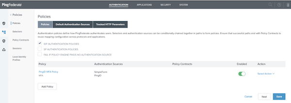 Screen capture of the Policies window on the Policies tab in with a configured and enabled policy in the Policy list. A green toggle to the right of the policy information indicates the policy is enabled. At the bottom of the image is a hyperlink option to Cancel and the Next and Save buttons.