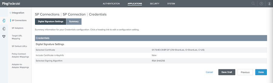 Screen capture of the Summary tab. The bottom of the screen capture shows a hyperlink option to Cancel and buttons for Save Draft, Previous, and Done.