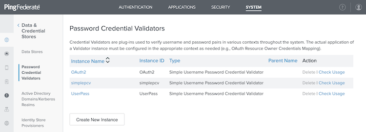 Screen capture illustrating the navigation to System Data & Credential Stores Password Credential Validators in the administrative console. Existing instances are displayed.