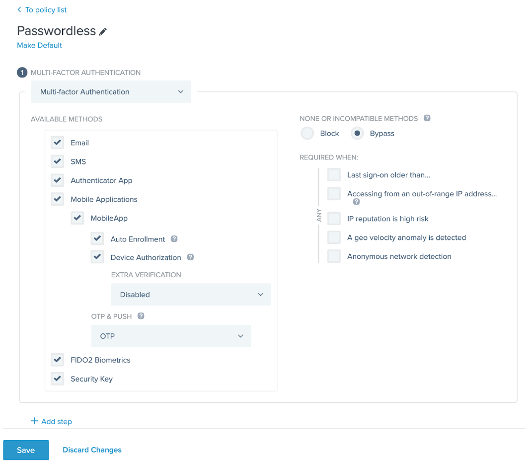 A screen capture of the admin console showing all of the MFA check boxes. Every check box in the Available Methods section is selected.