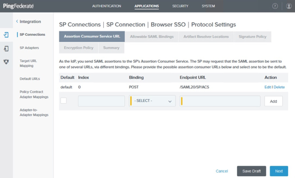 Screen capture of the administrative console on the Assertion Consumer Service URL tab showing the Endpoint URL for a POST binding.