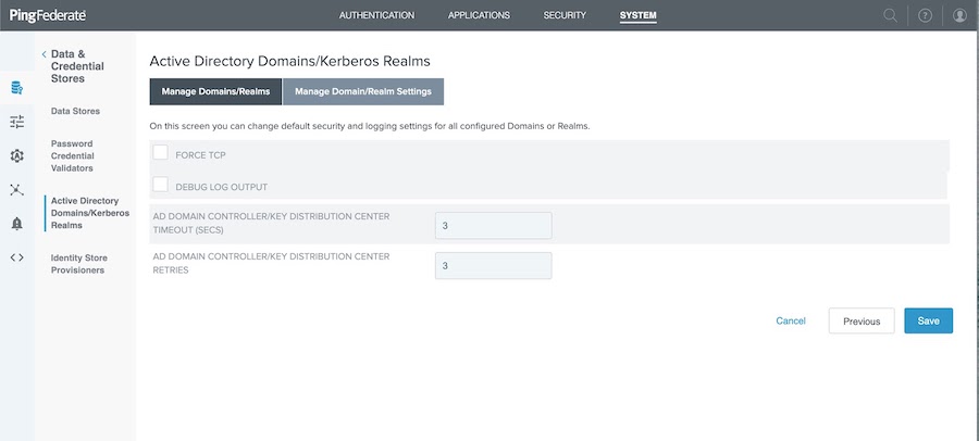 Screen capture of the Manage Domain/Realm Settings tab showing the optional check boxes for Force TCP and Debug Log Output. It also shows the optional AD Domain Controller/Key Distribution Center Timeout and Ad Domain Controller/Key Distribution Center Retries fields.