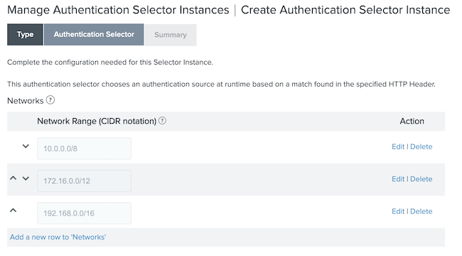 Screen capture illustrating the Network Range fields on the Authentication Selector tab. After the Network Range fields is a hyperlink option to Add a new row to Networks, which allows you to add additional network address ranges.