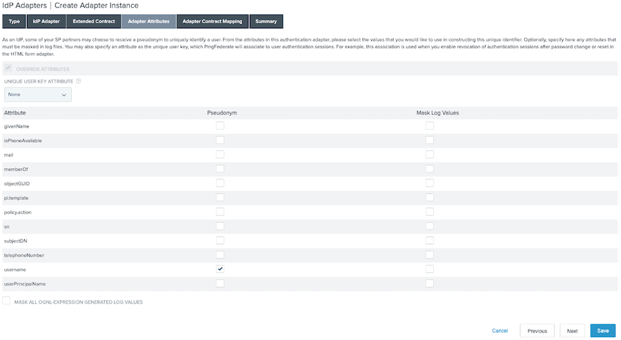 Screen capture of the Adapter Attributes tab showing the username Pseudonym check box selected.