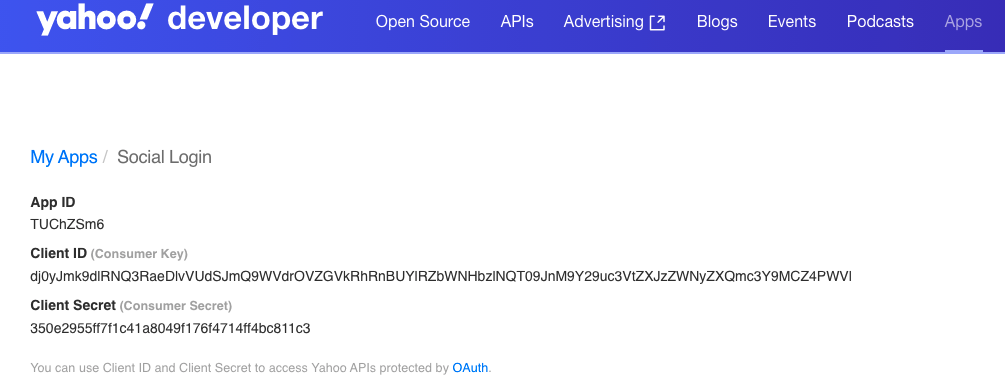 Screen capture of the Yahoo developer My Apps window showing the Client ID and Client Secret.