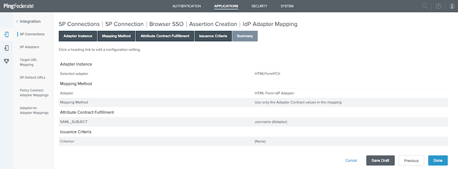 Screen capture of the IdP Adapter Mapping Summary tab. The bottom of the screen capture shows a hyperlink option to Cancel and buttons for Save Draft, Previous, and Done.