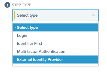 Screen capture of the expanded Step Type list showing External Identity Provider highlighted.