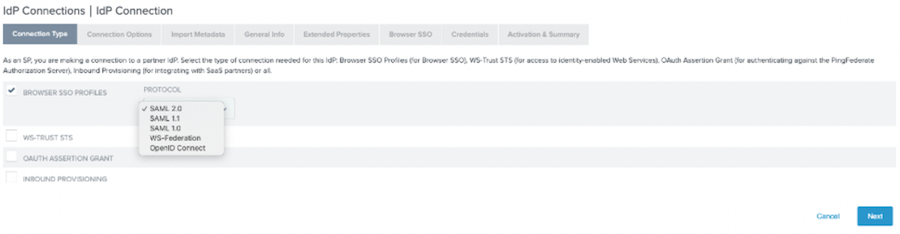 Screen capture of the Connection Type tab with the Browser SSO Profiles check box selected and the SAML 2.0 option checked from the Protocol list.