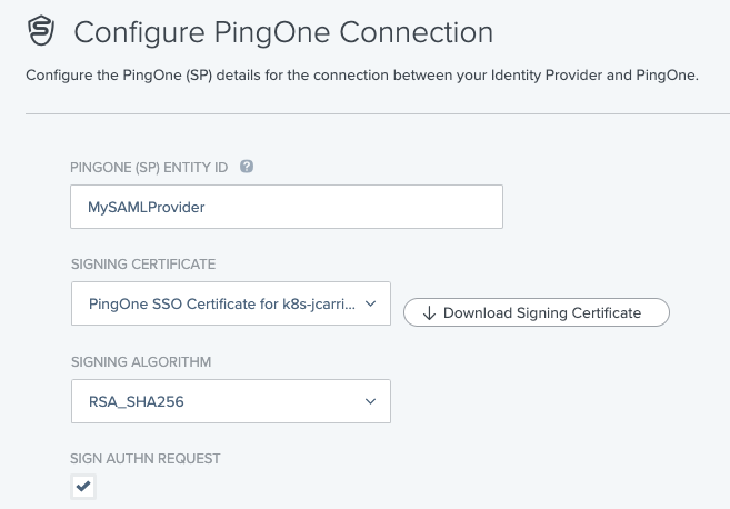 Screen capture of the Configure PingOne Connection window.