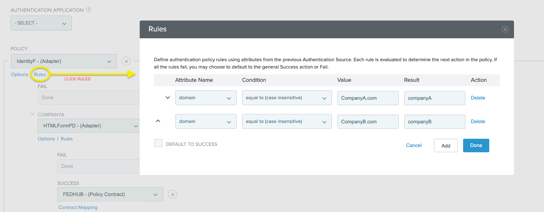 A screen capture of the Rules modal showing four columns: Attribute Name, Condition, Value, and Result.