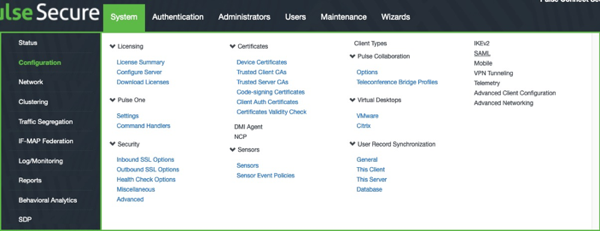 Screen capture of the Pulse Secure administrative console with the System tab selected.