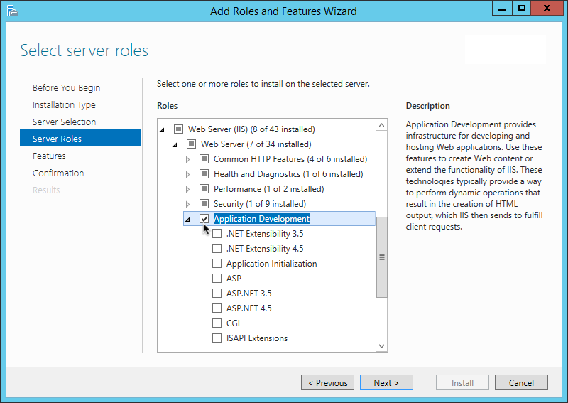 Web agents require that the Application Development component is installed alongside the core IIS services.